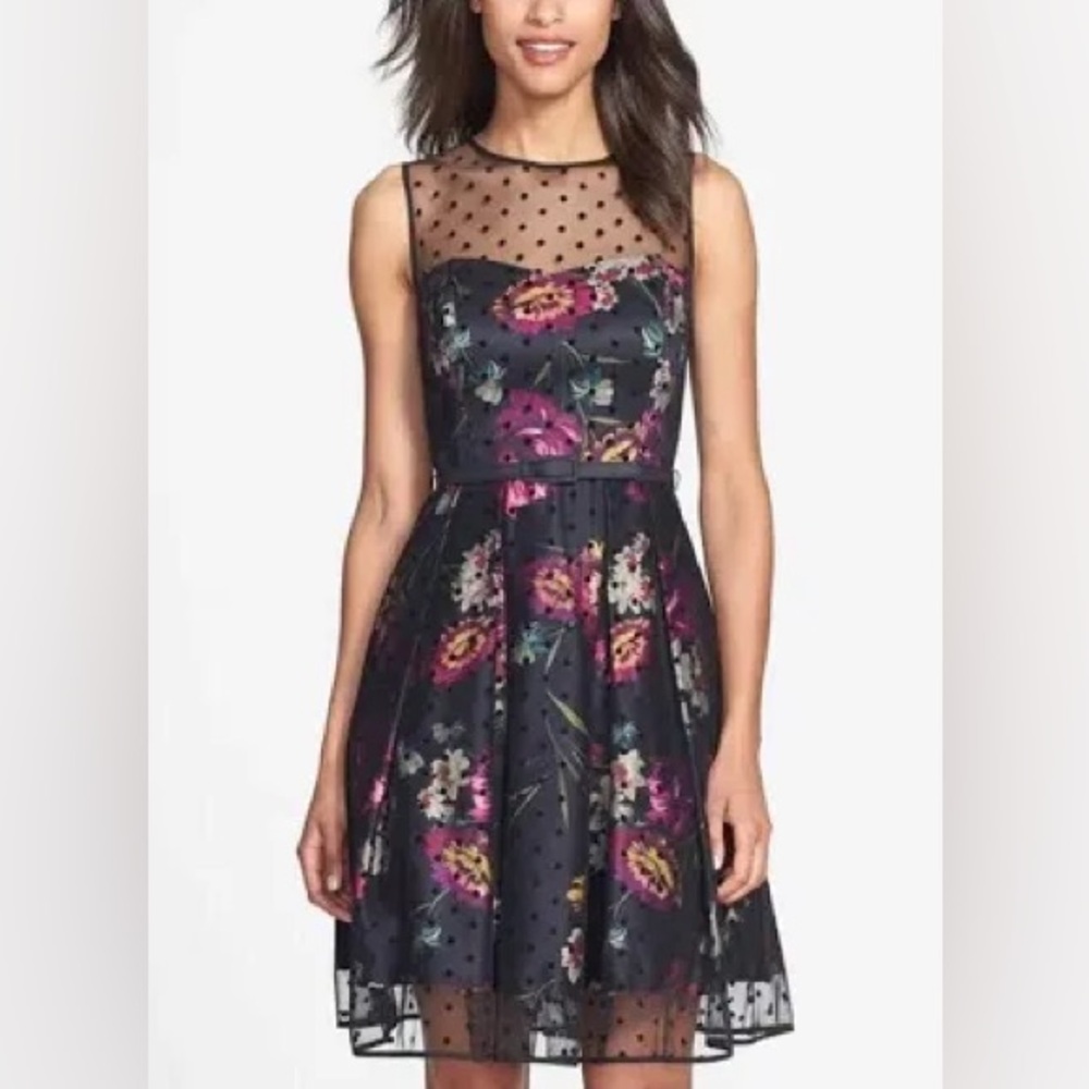 polkadot lace dark floral fit and flared dress